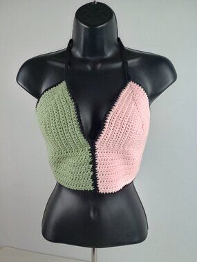 Two Tone Pink Green Hand Made Crochet Halter Top B cup size M-XL